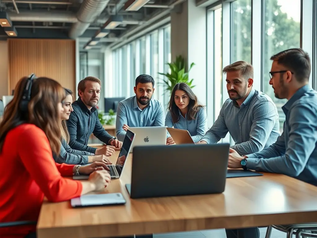 A professional photo of a diverse team of IT specialists collaborating in a modern office environment, symbolizing Dark Screens' expert IT support services.