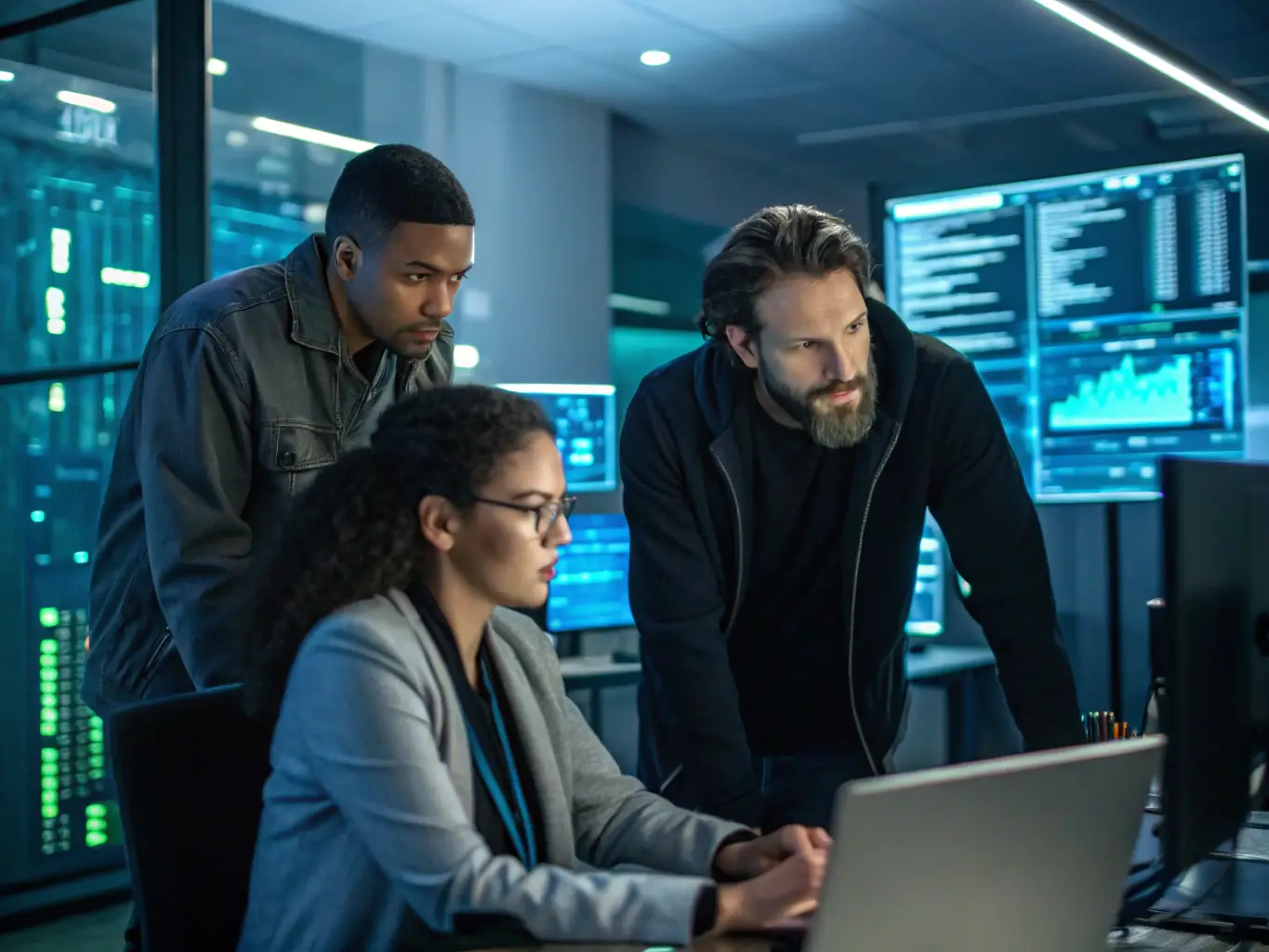 An image showcasing a team of IT professionals working on computers and network equipment, setting up a secure network for a small business.