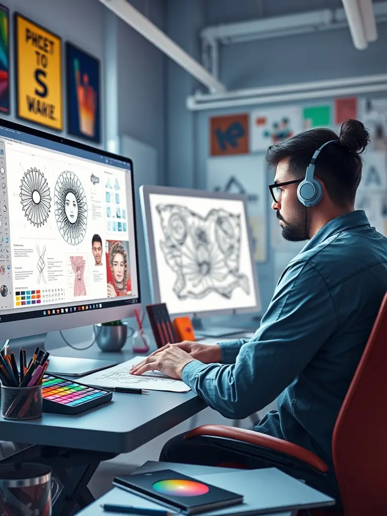 A graphic designer working on creating visually appealing content for a blog post, representing Dark Screens' content creation services for a small online store.