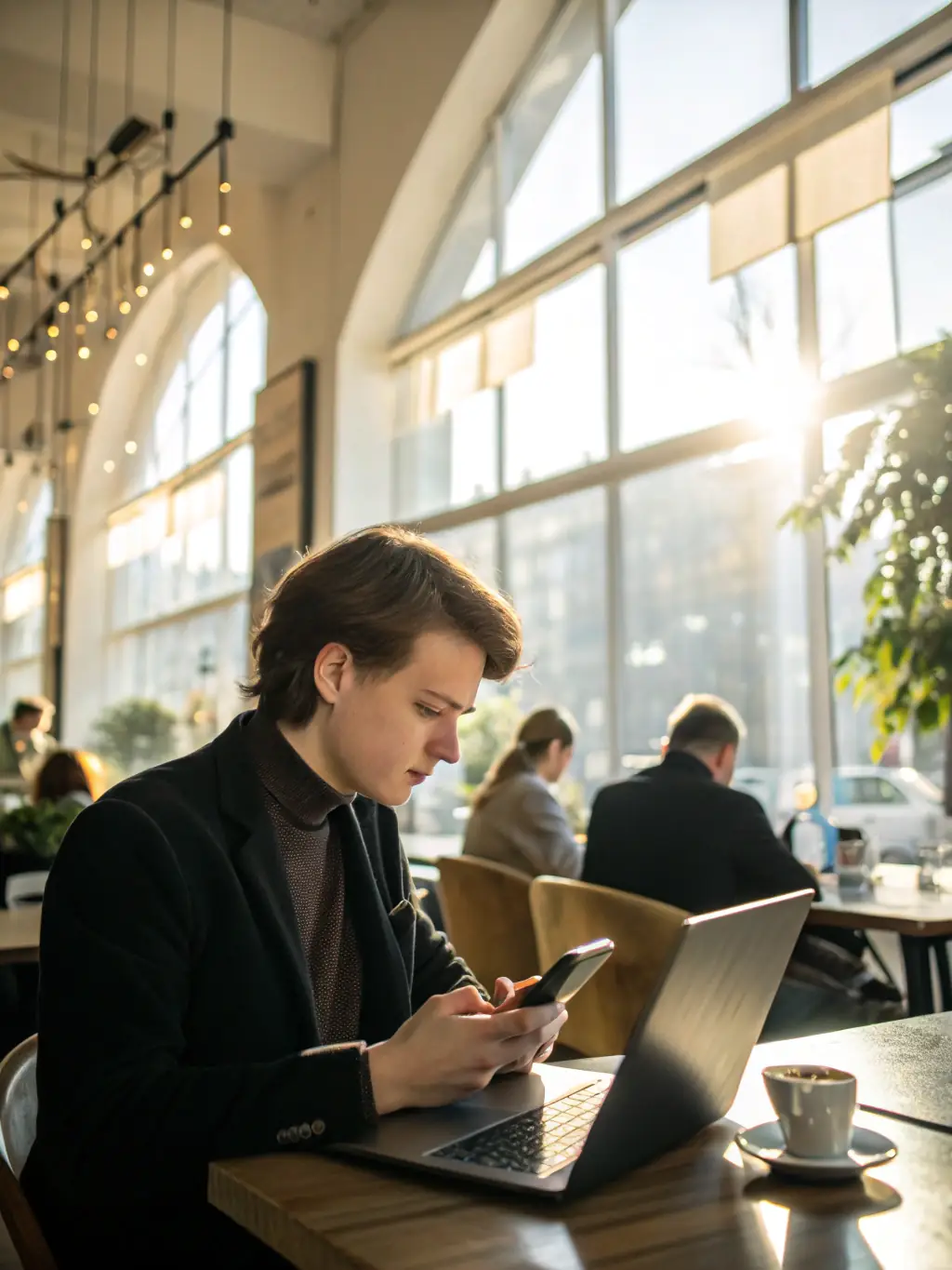 A person managing multiple social media accounts on a tablet, illustrating Dark Screens' social media management services for a local cafe.