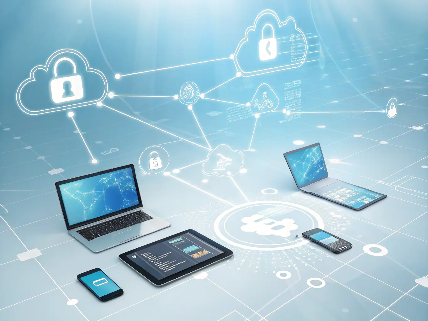 An image showcasing a secure network setup with various devices connected, emphasizing the importance of cybersecurity for small businesses.