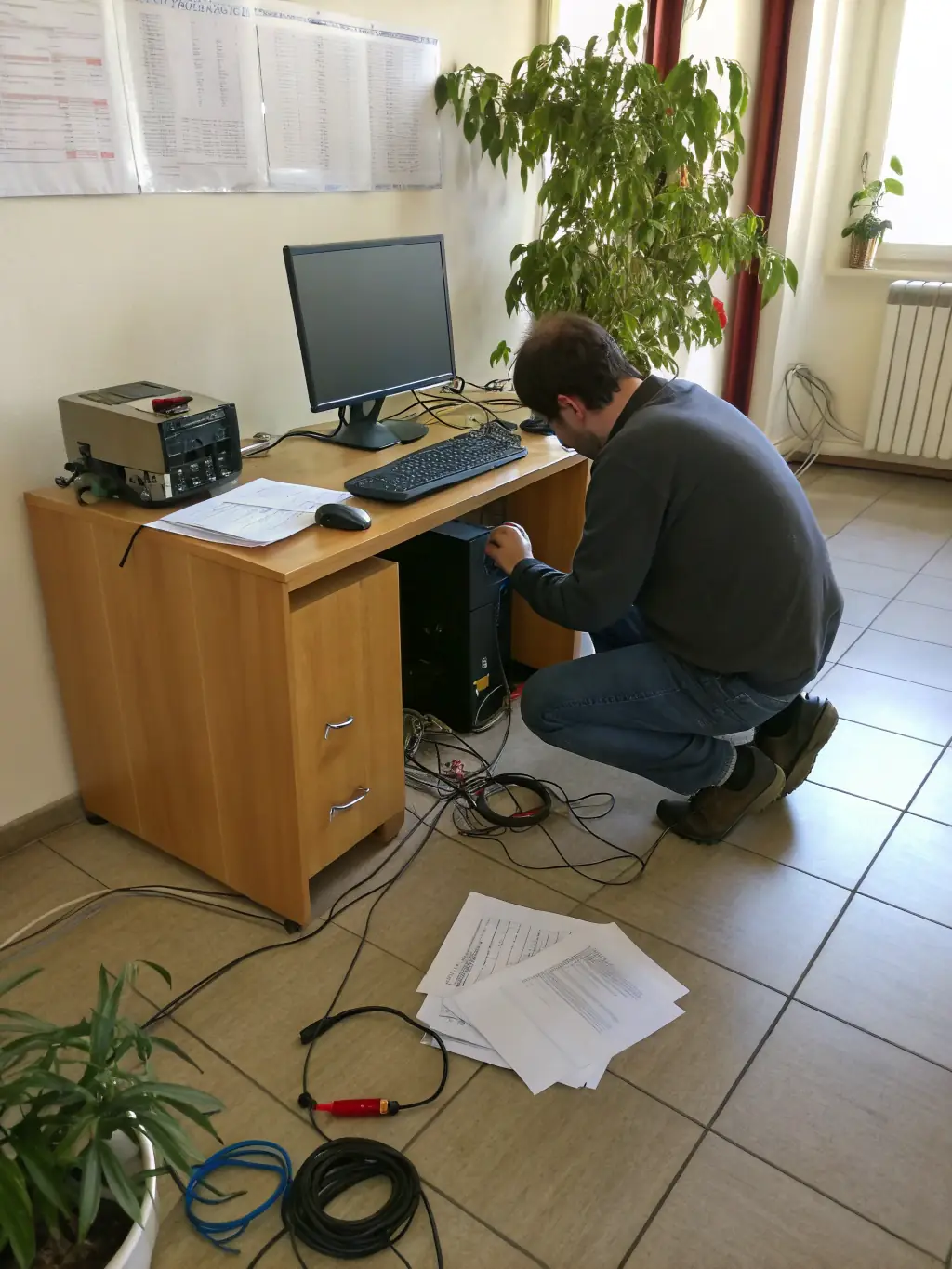 A technician troubleshooting a computer issue for a client in a small office setting, emphasizing personalized IT support.