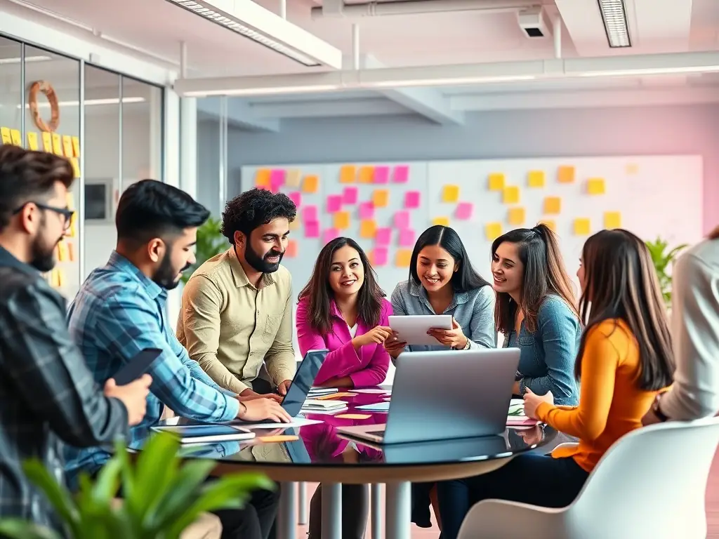 An image depicting a digital marketing team brainstorming strategies in a modern office, creating a social media campaign for a client.