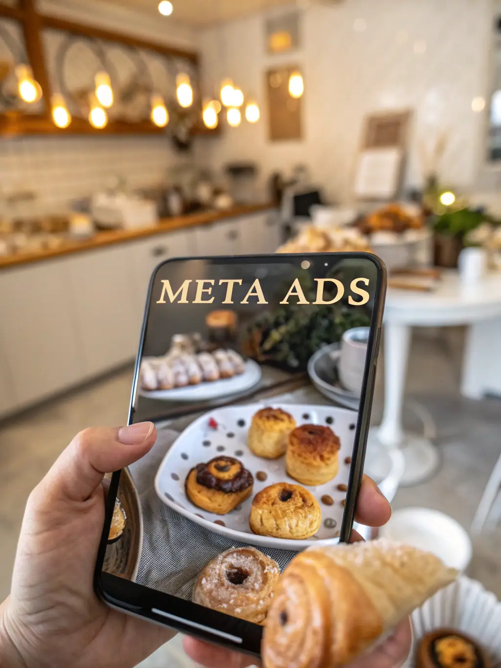 A smartphone displaying a paid advertisement on a social media platform, highlighting Dark Screens' paid advertising services for a local bakery.