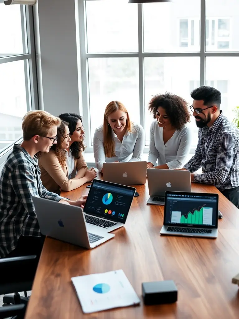 A high-quality stock photo of a diverse group of people collaborating around a table, brainstorming SEO strategies for a small business, with laptops and marketing materials visible.