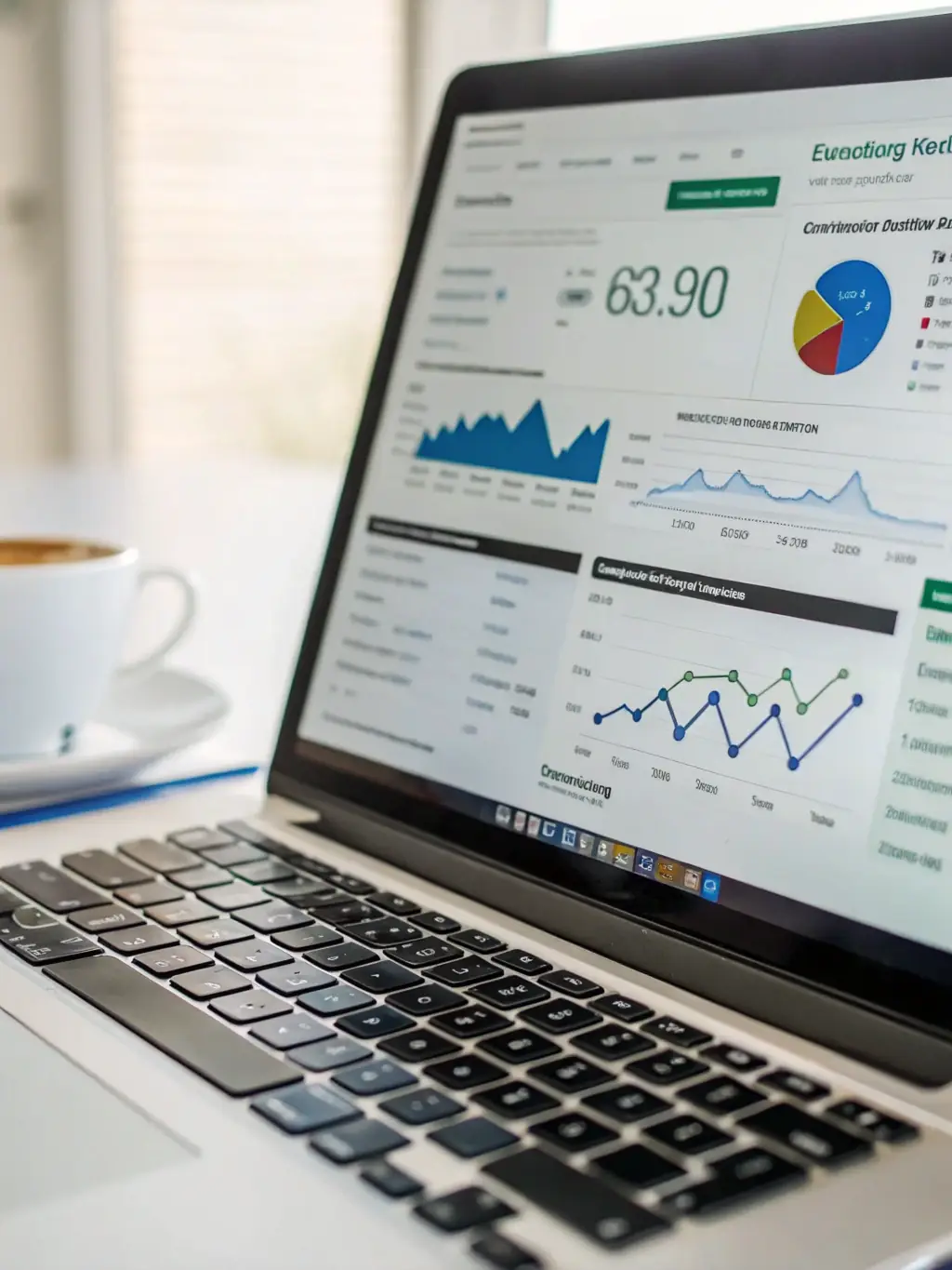A close-up shot of a laptop screen displaying SEO analytics data, showcasing keyword rankings and website traffic growth for a small business client of Dark Screens.