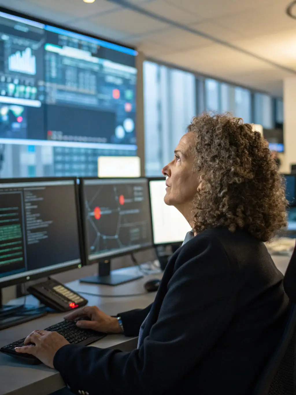 A cybersecurity expert implementing security measures on a computer, emphasizing data protection.