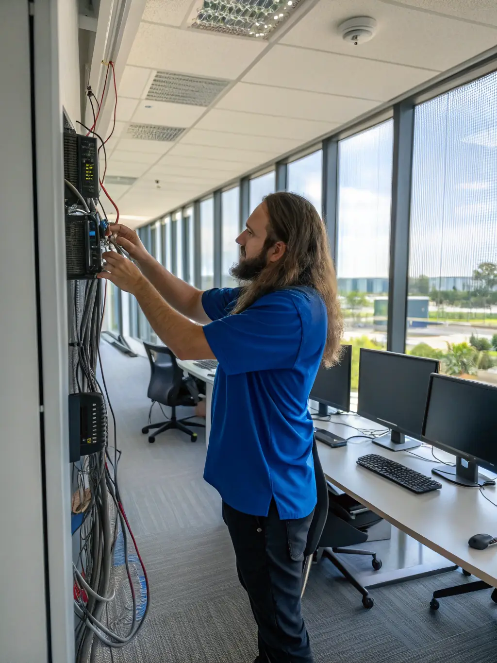 A network administrator setting up a secure network for a small business, highlighting network setup expertise.