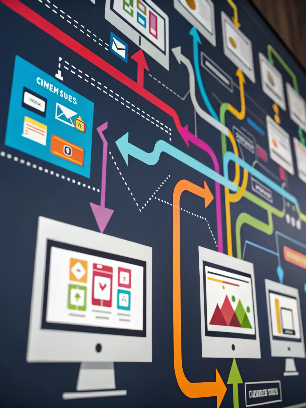 A professional image depicting a backlink building strategy, showing connections between various websites and a central small business website.